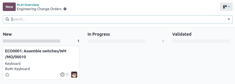 ค้นหา ECO ใหม่ในประเภท ECO "BOM Changes" ในขั้นตอน "New"