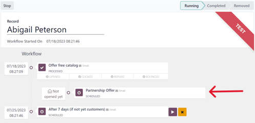 Workflow test progress in NightPOS Marketing Automation.